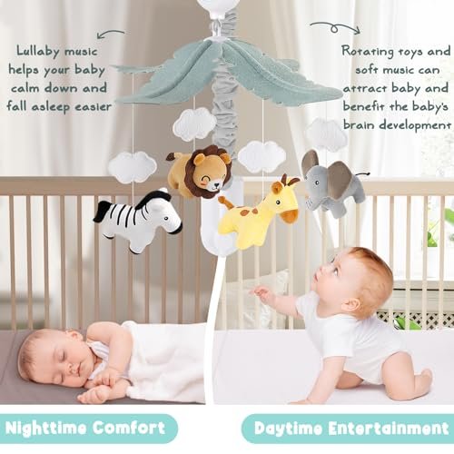 Animals Baby Crib Mobile - Safari Baby Mobile for Crib with 12 Lullabies for Boys & Girls, Baby Mobile for Bassinet for New Borns, Nursery Mobiles, Fits Standard Cribs