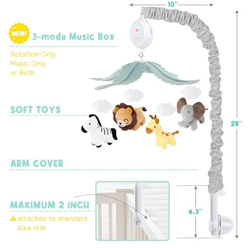 Animals Baby Crib Mobile - Safari Baby Mobile for Crib with 12 Lullabies for Boys & Girls, Baby Mobile for Bassinet for New Borns, Nursery Mobiles, Fits Standard Cribs