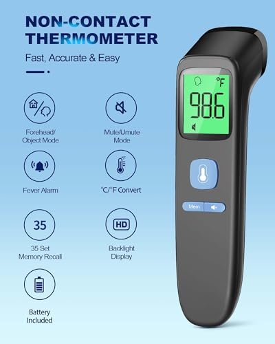 ANMEATE No-Touch Forehead Thermometer for Adults, Infrared Digital Thermometer for Kids, Touchless Baby Thermometer, Accurate Reading with Large Display, Mute Mode, Memory Recall, Fever Alarm