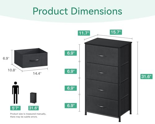 AODK Dresser for Bedroom with 4 Storage Drawers, Small Dressers Chest of Drawers Fabric Dresser with Sturdy Steel Frame, Black
