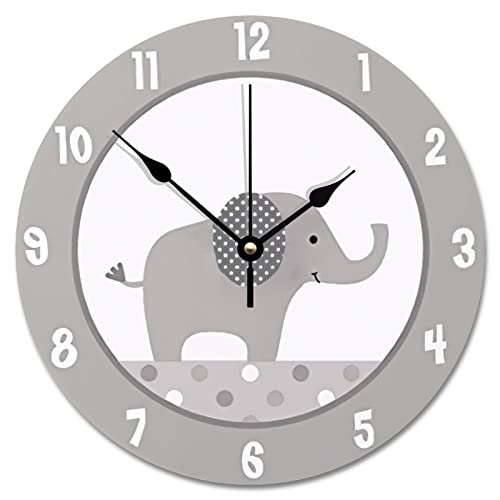 ArogGeld Gray and White Elephant Wall Clock Nursery Wood Clock 10 Inch Silent Non-Ticking Wooden Wall Clocks Battery Operated Living Room Bedroom Kitchen Farmhouse Decor Christmas Birthday Gift