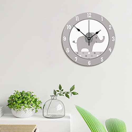 ArogGeld Gray and White Elephant Wall Clock Nursery Wood Clock 10 Inch Silent Non-Ticking Wooden Wall Clocks Battery Operated Living Room Bedroom Kitchen Farmhouse Decor Christmas Birthday Gift