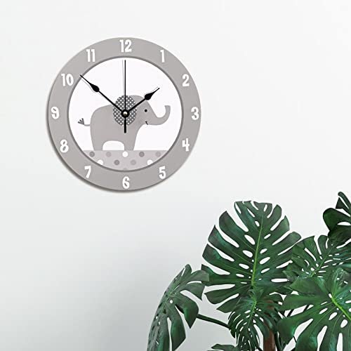 ArogGeld Gray and White Elephant Wall Clock Nursery Wood Clock 10 Inch Silent Non-Ticking Wooden Wall Clocks Battery Operated Living Room Bedroom Kitchen Farmhouse Decor Christmas Birthday Gift
