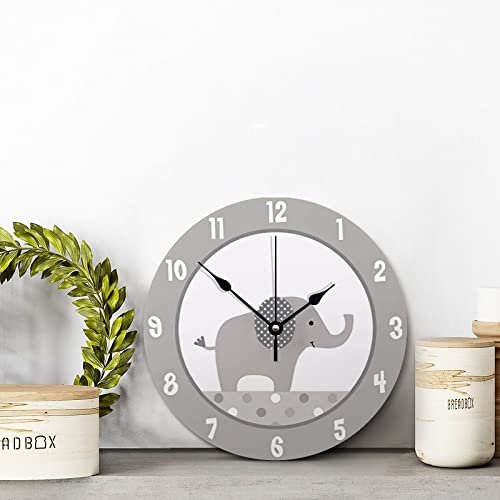 ArogGeld Gray and White Elephant Wall Clock Nursery Wood Clock 10 Inch Silent Non-Ticking Wooden Wall Clocks Battery Operated Living Room Bedroom Kitchen Farmhouse Decor Christmas Birthday Gift