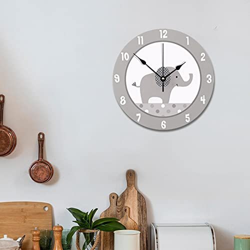 ArogGeld Gray and White Elephant Wall Clock Nursery Wood Clock 10 Inch Silent Non-Ticking Wooden Wall Clocks Battery Operated Living Room Bedroom Kitchen Farmhouse Decor Christmas Birthday Gift