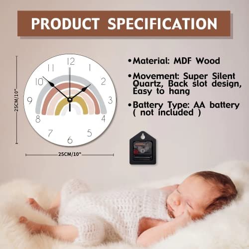 ArogGeld Rainbow Boho Clock Nursery Decor Wall Clock Personalized Silent Non Ticking Wooden Wall Clock Battery Operated Esay Read for Home Decor Kids Room Office Housewarming Gift
