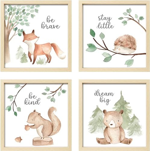 ArtbyHannah Framed Woodland Nursery Wall Decor, 10x10 inch Cute Baby Wall Art Room Decor for Kids, Safari Animals Prints with Wood Picture Frames for Playroom Bedroom Baby Shower Decoration(4 Pack)