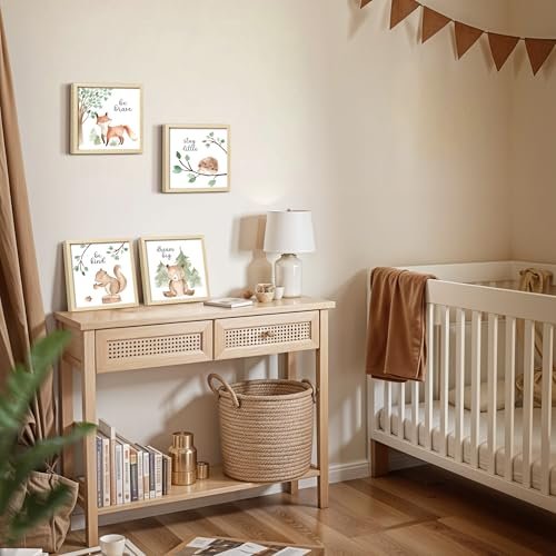 ArtbyHannah Framed Woodland Nursery Wall Decor, 10x10 inch Cute Baby Wall Art Room Decor for Kids, Safari Animals Prints with Wood Picture Frames for Playroom Bedroom Baby Shower Decoration(4 Pack)
