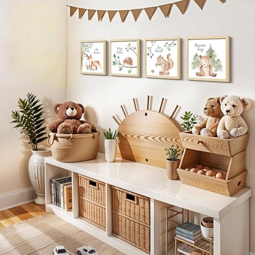 ArtbyHannah Framed Woodland Nursery Wall Decor, 10x10 inch Cute Baby Wall Art Room Decor for Kids, Safari Animals Prints with Wood Picture Frames for Playroom Bedroom Baby Shower Decoration(4 Pack)