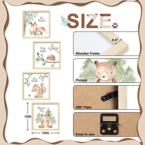 ArtbyHannah Framed Woodland Nursery Wall Decor, 10x10 inch Cute Baby Wall Art Room Decor for Kids, Safari Animals Prints with Wood Picture Frames for Playroom Bedroom Baby Shower Decoration(4 Pack)
