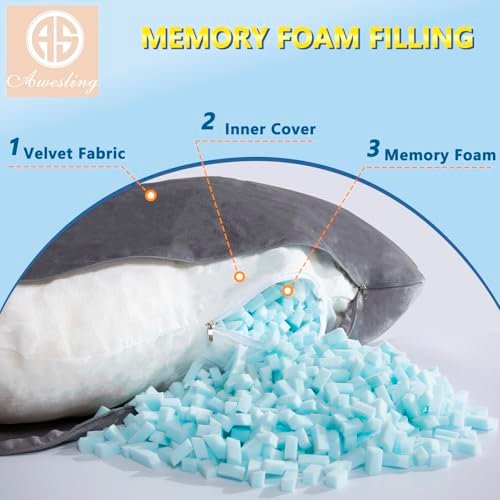 AS AWESLING Shredded Memory Foam Body Pillow, Pregnancy Pillows for Sleeping, Maternity Pillow for Pregnant Women, Memory Foam Filling U Shaped Body Pillow with Velvet Cover (Velvet Gray, 60 inch)