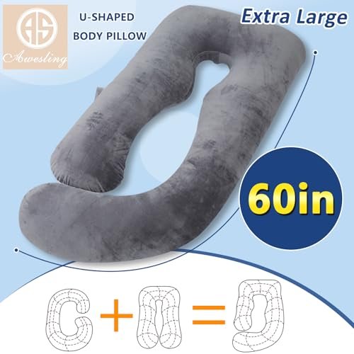 AS AWESLING Shredded Memory Foam Body Pillow, Pregnancy Pillows for Sleeping, Maternity Pillow for Pregnant Women, Memory Foam Filling U Shaped Body Pillow with Velvet Cover (Velvet Gray, 60 inch)
