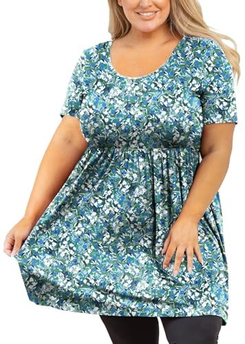AusLook Women's Plus Size Tunic Short Sleeve Clothes Scoop Neck Summer Tops Pleated Flowy Loose Fit Babydoll T Shirt L-5X