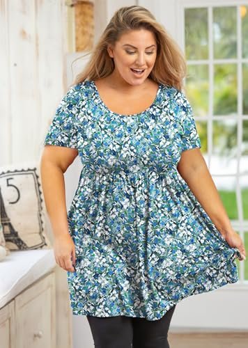 AusLook Women's Plus Size Tunic Short Sleeve Clothes Scoop Neck Summer Tops Pleated Flowy Loose Fit Babydoll T Shirt L-5X
