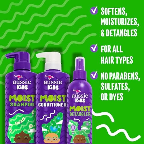 Aussie Kids Hair Care Bundle Set Including: Shampoo (16 Fl Oz), Conditioner (16 Fl Oz) & Detangler Spray (8 Fl Oz), Paraben- Freem Sulfate-Free, Dye-Free, Cruelty-Free, Tangle-Free Styling