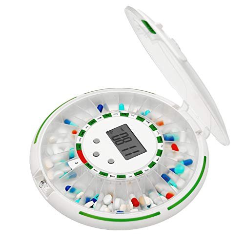 Automatic Pill Dispenser with Flashing Light, Sound, Alarm and Safety Lock, 28-Day Electronic Medication Organizer – Dispense Vitamins and Tablets Up 6 Times/Day – Easy Read Display (Clear)