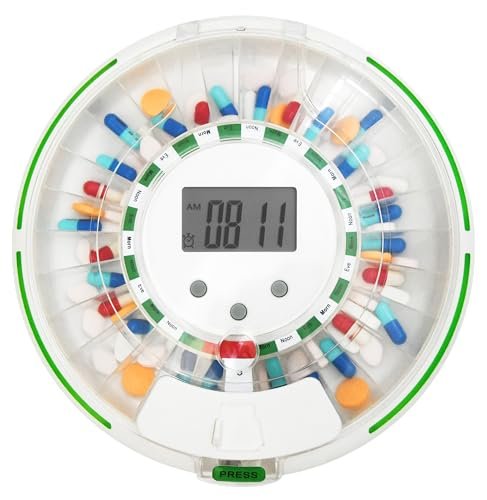 Automatic Pill Dispenser with Flashing Light, Sound, Alarm and Safety Lock, 28-Day Electronic Medication Organizer – Dispense Vitamins and Tablets Up 6 Times/Day – Easy Read Display (Clear)