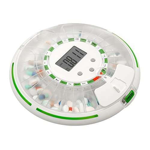 Automatic Pill Dispenser with Flashing Light, Sound, Alarm and Safety Lock, 28-Day Electronic Medication Organizer – Dispense Vitamins and Tablets Up 6 Times/Day – Easy Read Display (Clear)
