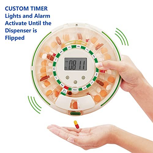 Automatic Pill Dispenser with Flashing Light, Sound, Alarm and Safety Lock, 28-Day Electronic Medication Organizer – Dispense Vitamins and Tablets Up 6 Times/Day – Easy Read Display (Clear)