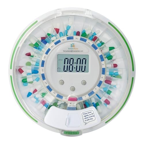 Automatic Pill Dispenser with Safety Lock, Flashing Light, Sound, Alarm, 28-Day Electronic Medication Dispenser for Vitamins and Tablets Up 6 Times/Day, Easy Read Display, Clear Lid