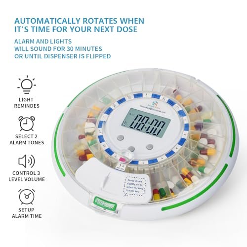Automatic Pill Dispenser with Safety Lock, Flashing Light, Sound, Alarm, 28-Day Electronic Medication Dispenser for Vitamins and Tablets Up 6 Times/Day, Easy Read Display, Clear Lid