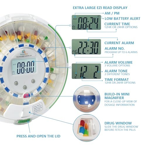 Automatic Pill Dispenser with Safety Lock, Flashing Light, Sound, Alarm, 28-Day Electronic Medication Dispenser for Vitamins and Tablets Up 6 Times/Day, Easy Read Display, Clear Lid