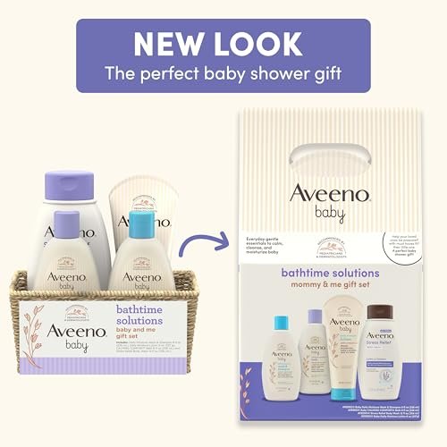 Aveeno Baby Bathtime Solutions Mommy & Me Gift Set, Baby Wash & Shampoo, Calming Bath, Daily Moisturizing Lotion & Stress Relief Body Wash for Mom, Nourishing Oat, Registry Must Haves, 4 items