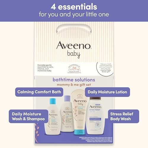 Aveeno Baby Bathtime Solutions Mommy & Me Gift Set, Baby Wash & Shampoo, Calming Bath, Daily Moisturizing Lotion & Stress Relief Body Wash for Mom, Nourishing Oat, Registry Must Haves, 4 items