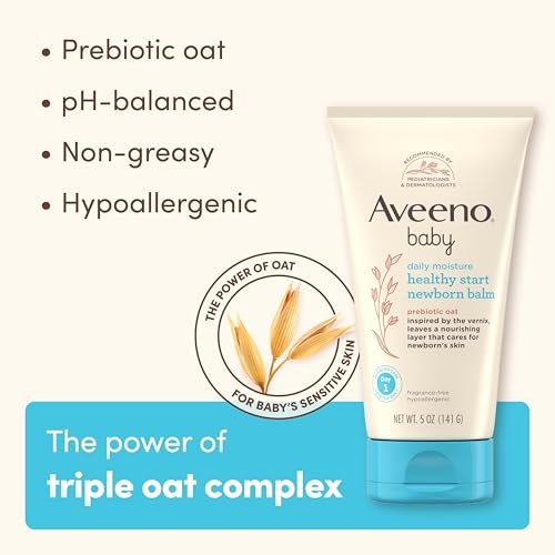 Aveeno Baby Healthy Start Nourishing Newborn Balm, Hypoallergenic Baby Skin Balm with Prebiotic Oat Leaves a Nourishing Layer to Care for Newborn Skin, Fragrance-Free, 5 oz