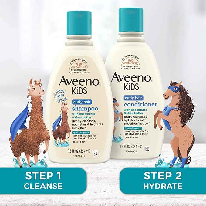 AVEENO BABY Kids Curly Hair Shampoo and Conditioner Set, 12 fl. Oz each with Oat Extract & Shea Butter, Hydrating, Hypoallergenic, Moisturizing for Defined Curls, Gentle for Kids' Developing Hair
