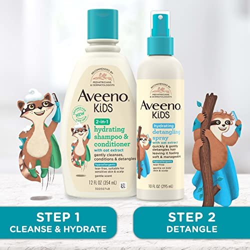 Aveeno Kids Hydrating Detangling Spray with Oat Extract, Quickly & Gently Detangles Kids' Hair, Tear-Free & Suitable for Skin & Scalp, Light Fragrance, Hypoallergenic, 10 fl. oz