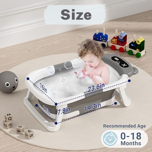 AVIDOR Baby Bathtub,Collapsible Bathtub for Newborn to Toddler,Durable Essential Infant Bath Tub,Portable Travel Baby Tub with Soft Cushion,No-Slip Hanging and Detachable(Grey)