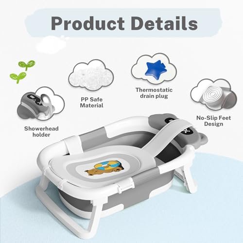 AVIDOR Baby Bathtub,Collapsible Bathtub for Newborn to Toddler,Durable Essential Infant Bath Tub,Portable Travel Baby Tub with Soft Cushion,No-Slip Hanging and Detachable(Grey)
