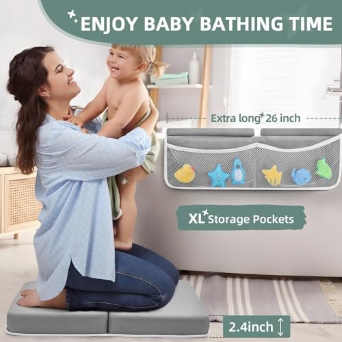 Baby Bath Kneeler and Elbow Rest Pad Set - 26'' Extra Long and 2.4'' Thick, Quick Dry Kneeling Pad for Bathing Baby with Knee & Arm Support, Foldable Non-Slip Bathtub Mat with Toys Organizer