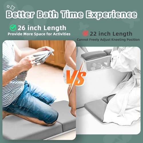 Baby Bath Kneeler and Elbow Rest Pad Set - 26'' Extra Long and 2.4'' Thick, Quick Dry Kneeling Pad for Bathing Baby with Knee & Arm Support, Foldable Non-Slip Bathtub Mat with Toys Organizer