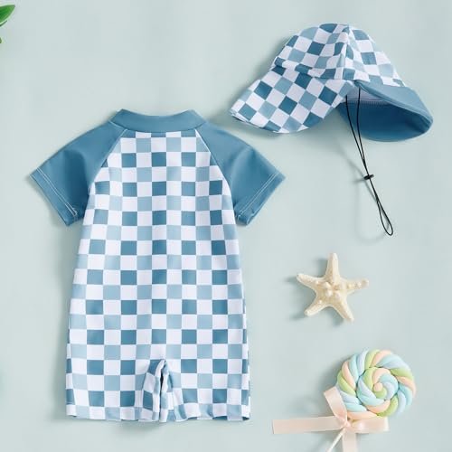Baby Boy Girl Swimsuit Toddler Checkered Print Half Zip One Piece Bathing Suit Swimsuit Rash Guard Surfing Suit Hat