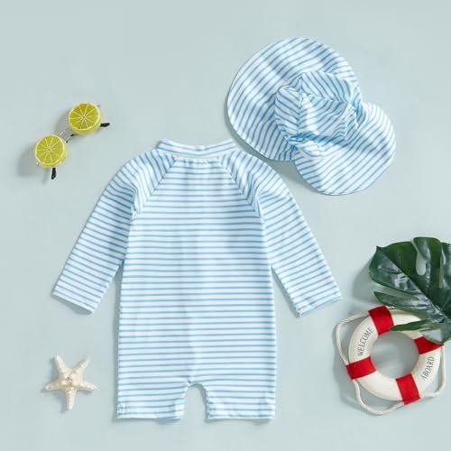 Baby Boys Swimsuit Onepiece Striped Zipper Swimwear Baby Toddler Girls Bathing Suit Rash Guard Swimming Sunsuit