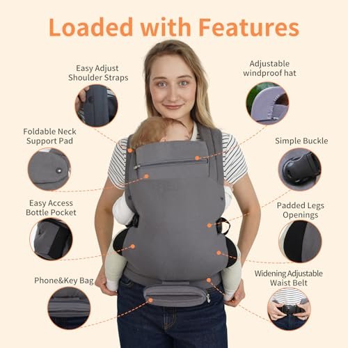 Baby Carrier, Baby Carrier Newborn to Toddler, Ergonomic, Cozy and Lightweight Infant Carrier for 7-44lbs, Effortless to Put On, Ideal for Hands-Free Parenting, Multi Use for Infant to Toddler
