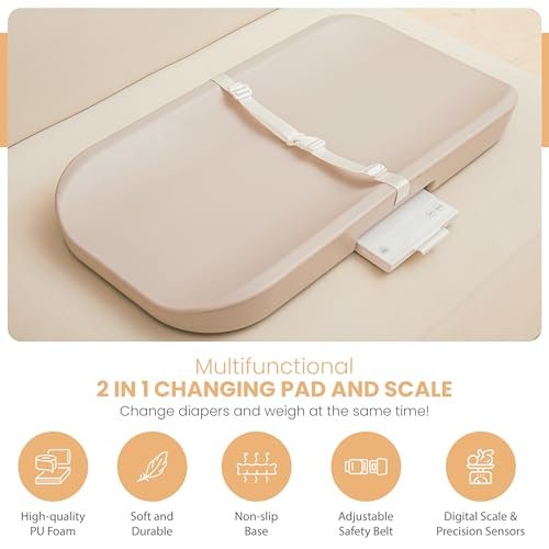 Baby Changing Pad, Baby Scale, 2 in 1 Baby Smart Scale and Change Pad, Waterproof Changing Pad, Wipeable Changing Pad with Safety Belt, Non-Slip Pad for Dresser, Easy to Clean & Portable Cushion Pad
