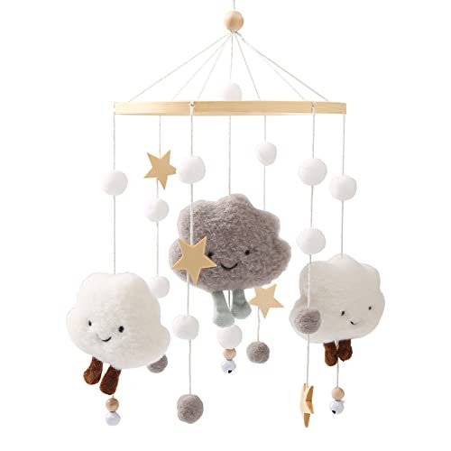 Baby Crib Mobile Wooden Wind Chime Bed Bell,Neutral Baby Crib Mobile,Baby Mobile for Crib,Handmade Baby Mobile,Clouds Baby Ceiling Mobile Baby Nursery Decoration (Grey)