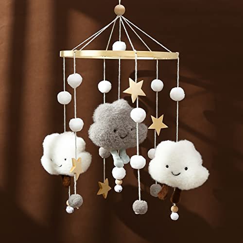 Baby Crib Mobile Wooden Wind Chime Bed Bell,Neutral Baby Crib Mobile,Baby Mobile for Crib,Handmade Baby Mobile,Clouds Baby Ceiling Mobile Baby Nursery Decoration (Grey)
