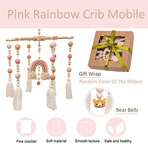 Baby Crib Mobile,Crib Mobile Wooden Mobile with Colorful Cotton Ball Wool Felt Ball Boho Baby Mobile Bassinet Mobile for Crib,Mobile for Baby Nursery and Ceiling Decoration