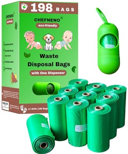 Baby Diaper Disposable Bags Biodegradable 11 Refill Rolls with Dispenser (198 Bags) Diaper Sacks Disposable Dog Poop Waste Bags Cat Litter Clump & Poop Bag Sanitary Pad Waste Bags (198 Bags)