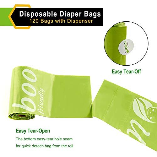 Baby Disposable Diaper Bags, Waste Bags 8 Refill Rolls/120 Bags with Dispenser, Convenient and Quick Diaper Disposal, Unscented