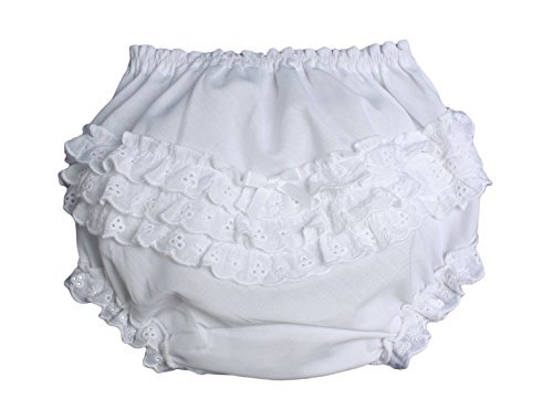 Baby Girls White Elastic Bloomer Diaper Cover with Embroidered Eyelet Edging - NB