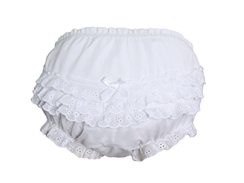 Baby Girls White Elastic Bloomer Diaper Cover with Embroidered Eyelet Edging - NB