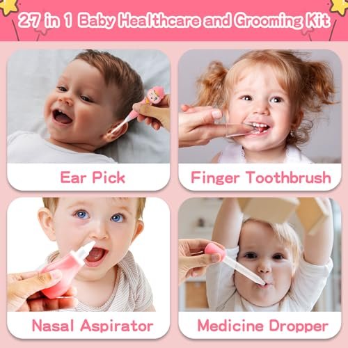 Baby Grooming Kit, Infant Safety Care Set with Hair Brush Comb Nail Clipper Nasal Aspirator,Baby Essentials Kit for Newborn Girls Boys, Pink-24- in-1