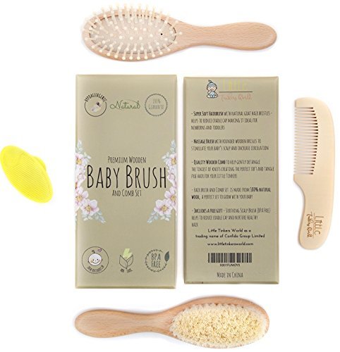 Baby Hair Brush and Comb Set for Newborn Wooden 4 Piece Soft Bristle Baby Brush and Comb Set for Newborn Girl Boy and Toddler Soft Cradle Cap New Born Infant Hair Brushes Perfect Baby Registry Gift