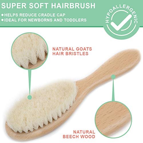 Baby Hair Brush and Comb Set for Newborn Wooden 4 Piece Soft Bristle Baby Brush and Comb Set for Newborn Girl Boy and Toddler Soft Cradle Cap New Born Infant Hair Brushes Perfect Baby Registry Gift