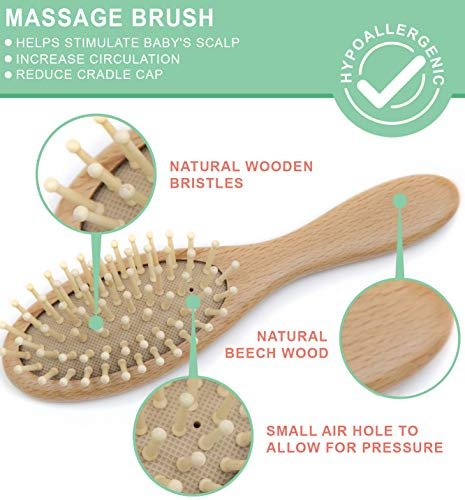Baby Hair Brush and Comb Set for Newborn Wooden 4 Piece Soft Bristle Baby Brush and Comb Set for Newborn Girl Boy and Toddler Soft Cradle Cap New Born Infant Hair Brushes Perfect Baby Registry Gift